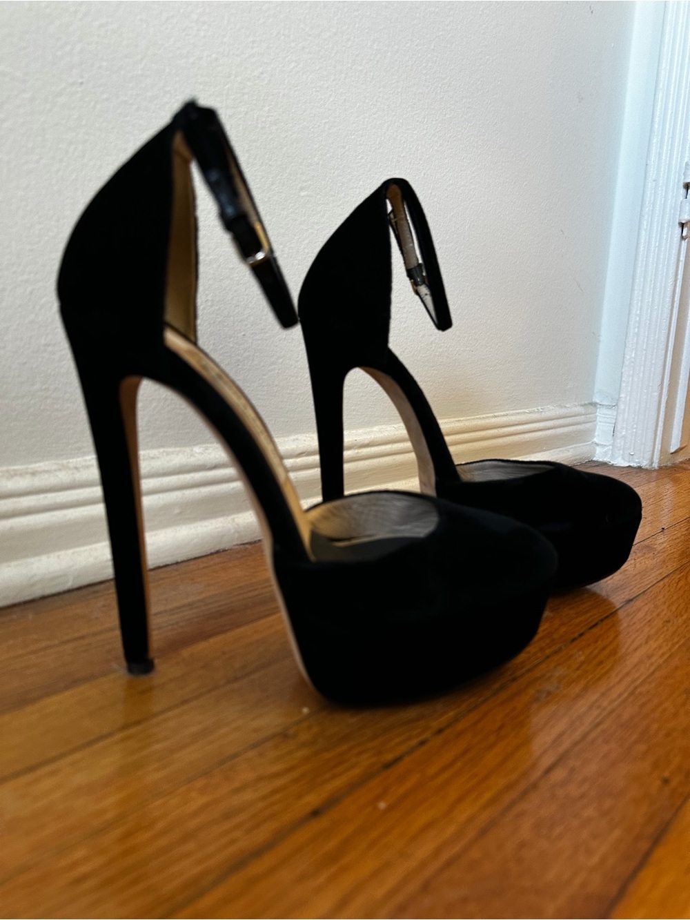 Jimmy Choo Black Suede 150mm Platform Stiletto Heels w/Ankle Strap - Sz 37